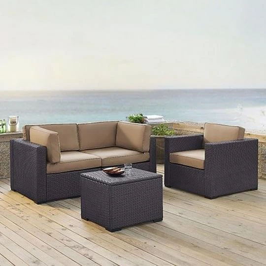 Crosley - Biscayne 4 Piece Wicker Set With Mocha Cushions - Two Corner Chairs, Arm Chair & Coffee Table 1 Crosley - Biscayne 4 Piece Wicker Set With Mocha Cushions - Two Corner Chairs, Arm Chair & Coffee Table