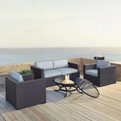 Crosley - Biscayne 5-Piece Wicker Set With 2 Armchairs, 2 Corner Chairs And Fire Pit