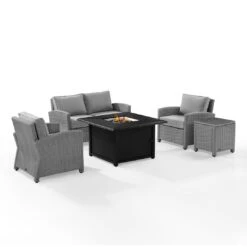 Crosley - Bradenton 5-Piece Wicker Sofa Set With Fire Table, Gray -Sunbathing Shop Bradenton 5 Piece Wicker Sofa Set with Fire Table Gray 11