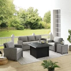 Crosley - Bradenton 5-Piece Wicker Sofa Set With Fire Table, Gray -Sunbathing Shop Bradenton 5 Piece Wicker Sofa Set with Fire Table Gray 12