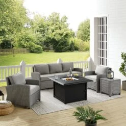 Crosley - Bradenton 5-Piece Wicker Sofa Set With Fire Table, Gray -Sunbathing Shop Bradenton 5 Piece Wicker Sofa Set with Fire Table Gray 14