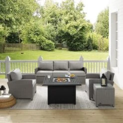 Crosley - Bradenton 5-Piece Wicker Sofa Set With Fire Table, Gray -Sunbathing Shop Bradenton 5 Piece Wicker Sofa Set with Fire Table Gray 3